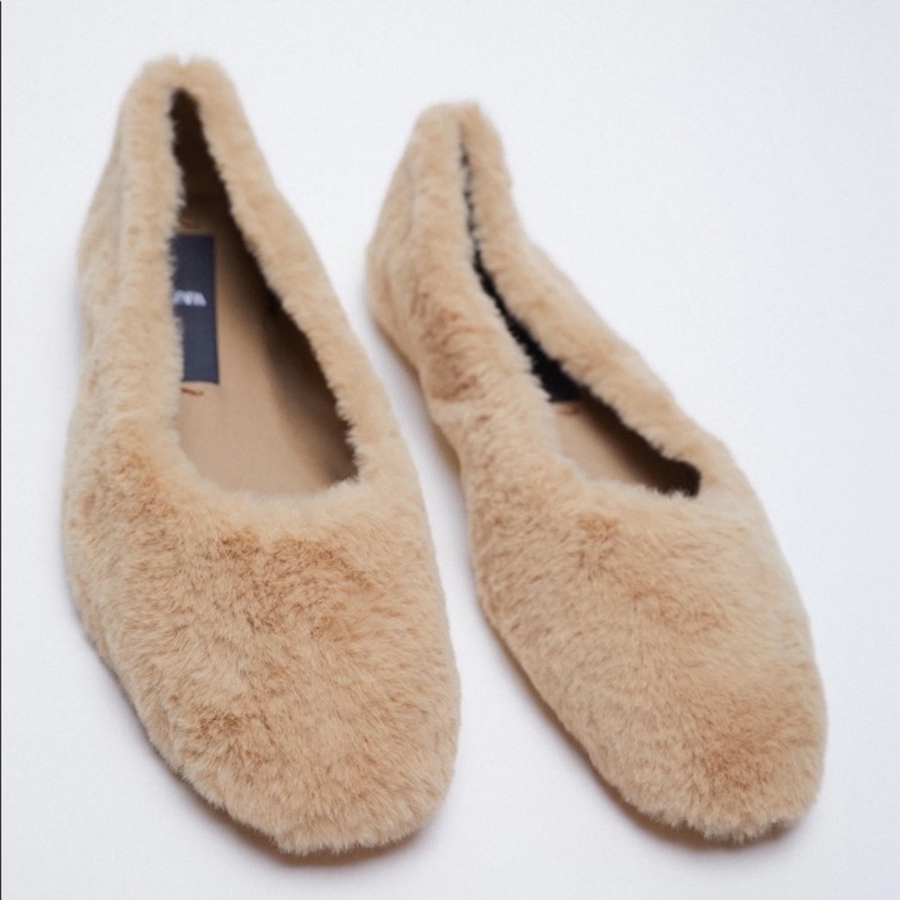 ZARA Tan Faux Fur Ballet Flats